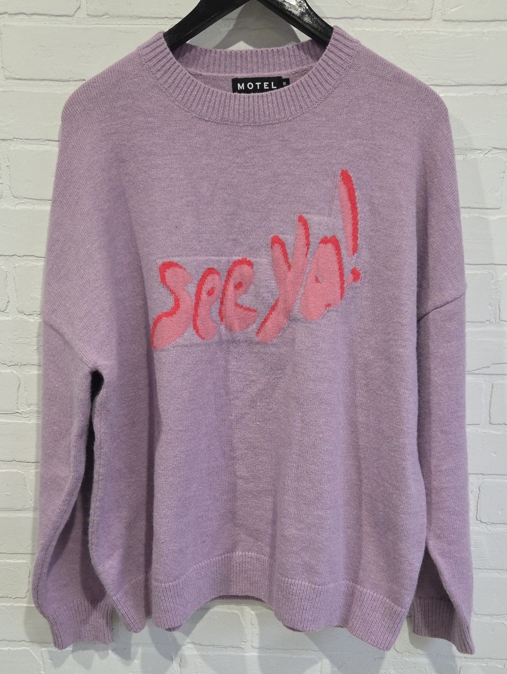 Motel Rocks Lilac Crewneck Sweater with Pink 'See Ya!' Graphic